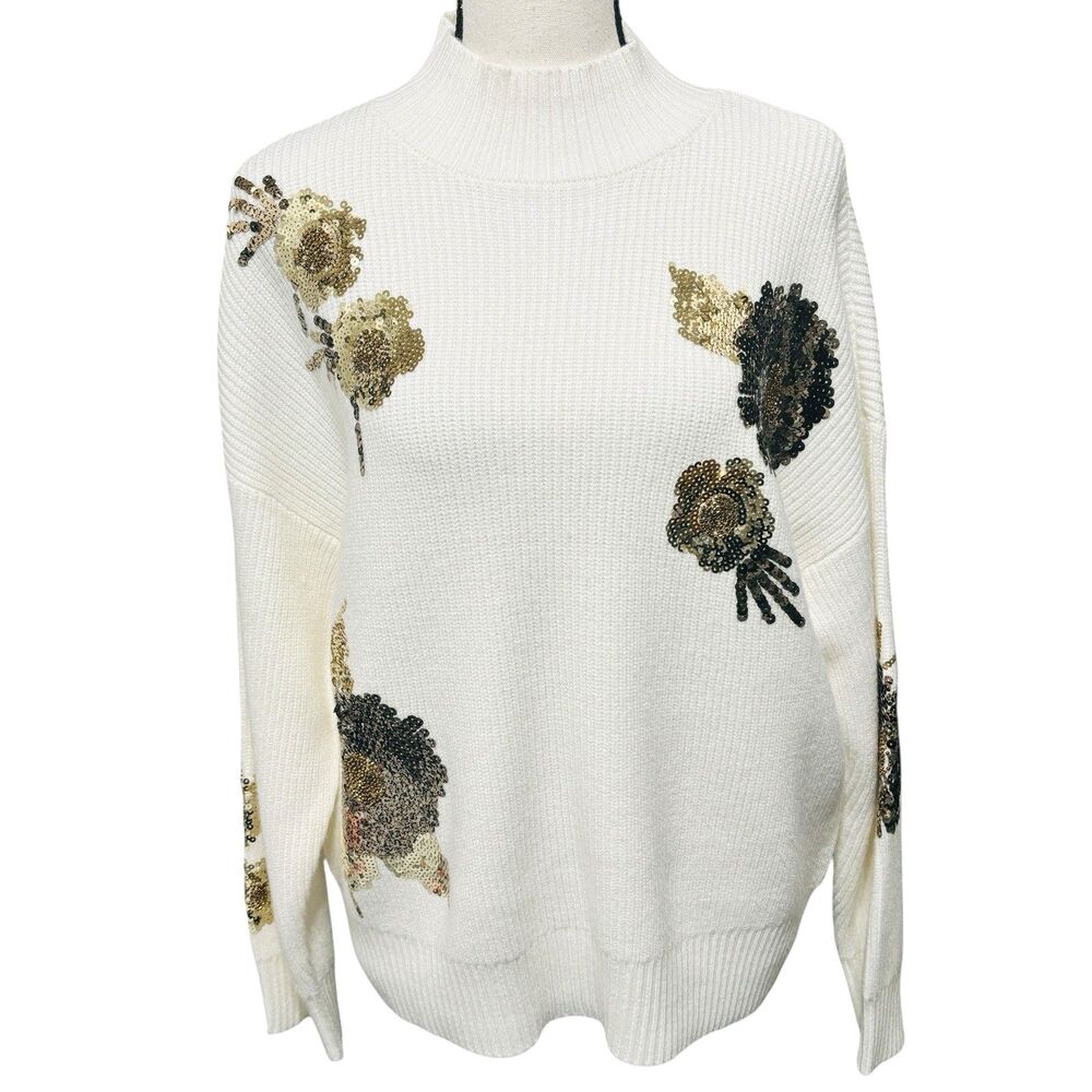 Nicole Miller Sequin Moc Neck Sweater Cream/Bronze Sz Large